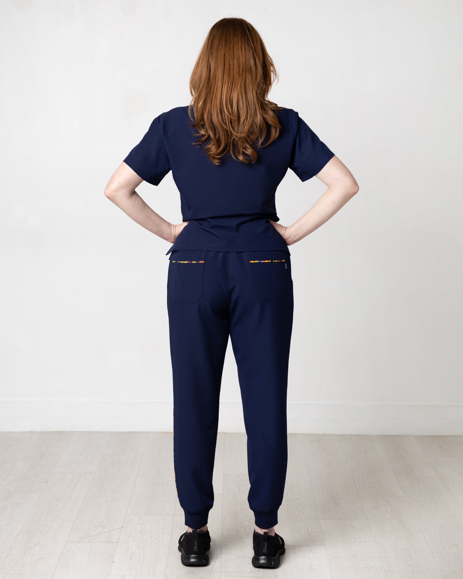 Ohemaa Women Scrub Joggers - Navy, Kente trimmed -  full body back