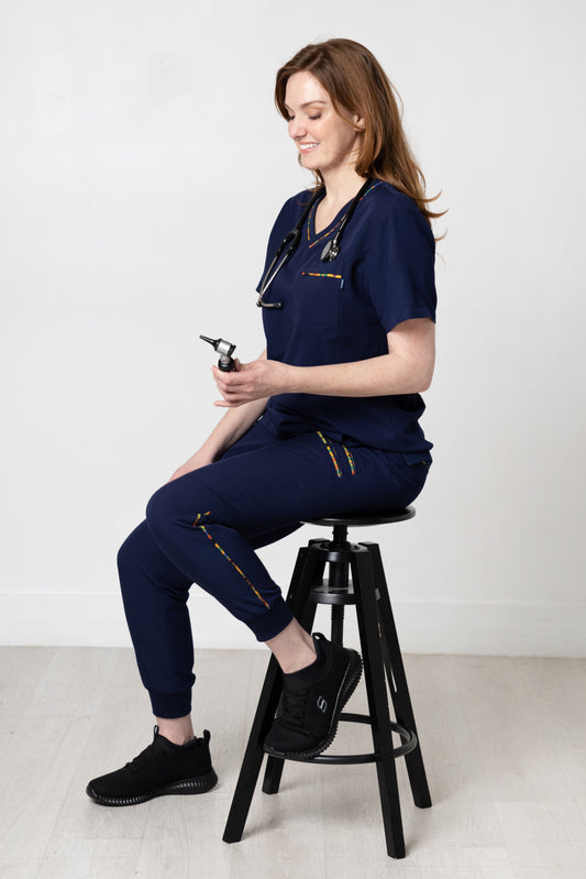 Ohemaa Women Scrub Joggers - Navy, Kente trimmed full body