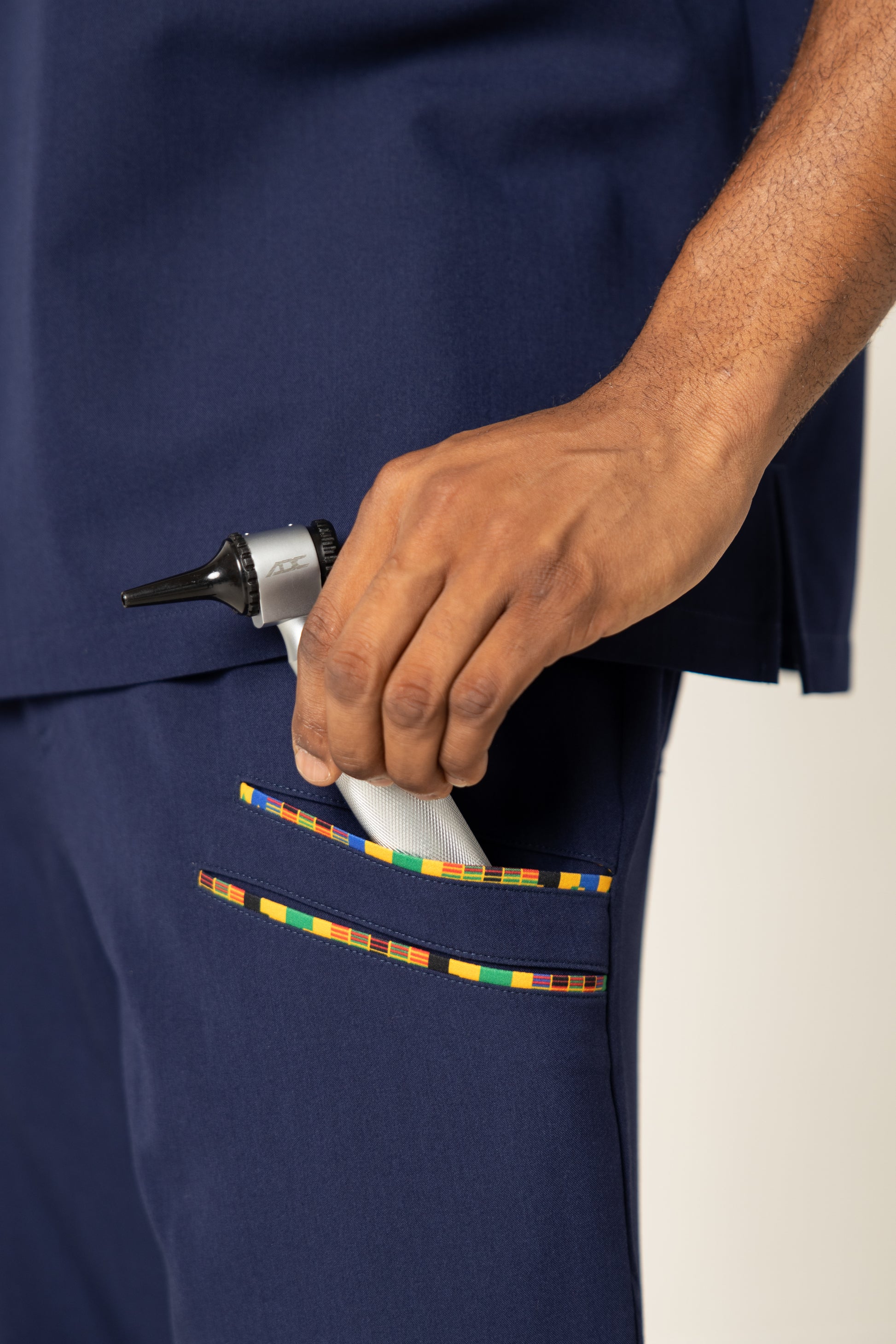 Ohene Men Scrub Jogger - Navy, Kente trimmed set close up pocket