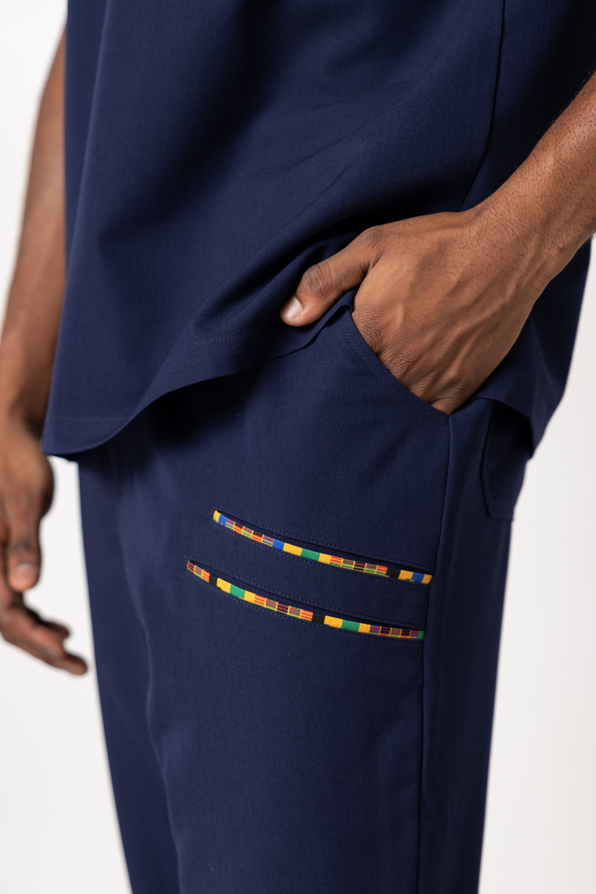 Ohene Men Scrub Jogger - Navy, Kente trimmed set