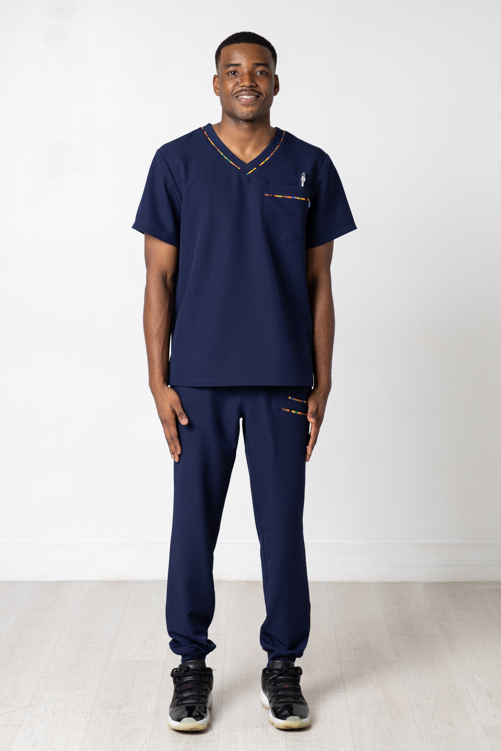 Ohene Men Scrub Jogger - Navy, Kente trimmed set