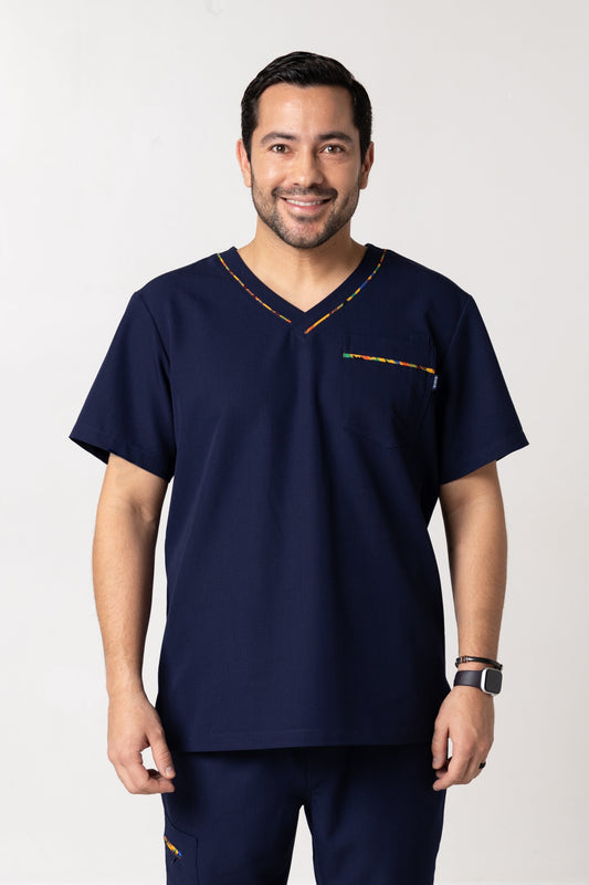 Ohene Men Scrub Top - Navy, Kente trimmed
