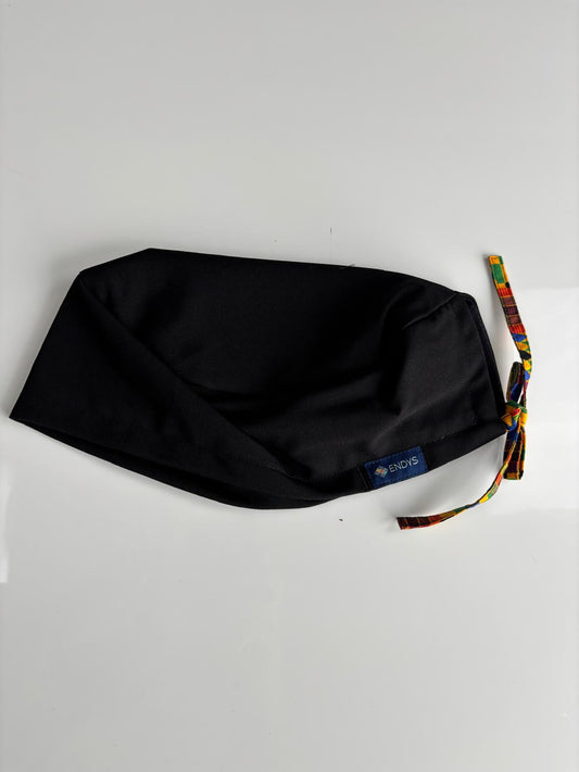 [Satin-lined + Sweatband] Black Unisex Scrub Cap with Kente Ties