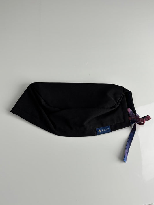 [Satin-lined + Sweatband] Black Unisex Scrub Cap with Tie & Dye Ties