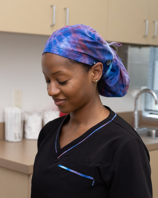 ENDYS Aurora bouffant scrub cap — satin-lined, elastic band, extra room for all hair types, subtle watercolor print