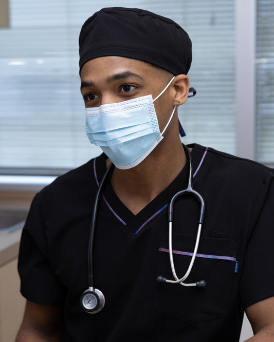 ENDYS black unisex scrub cap with Aurora ties — satin-lined, adjustable tie-back, classic black with watercolor print ties