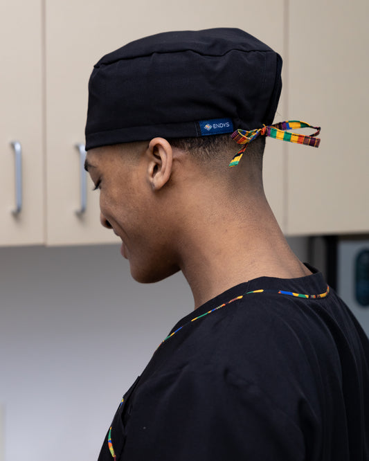 ENDYS black unisex scrub cap with Heritage Pop ties side view — full hair coverage, built-in sweatband