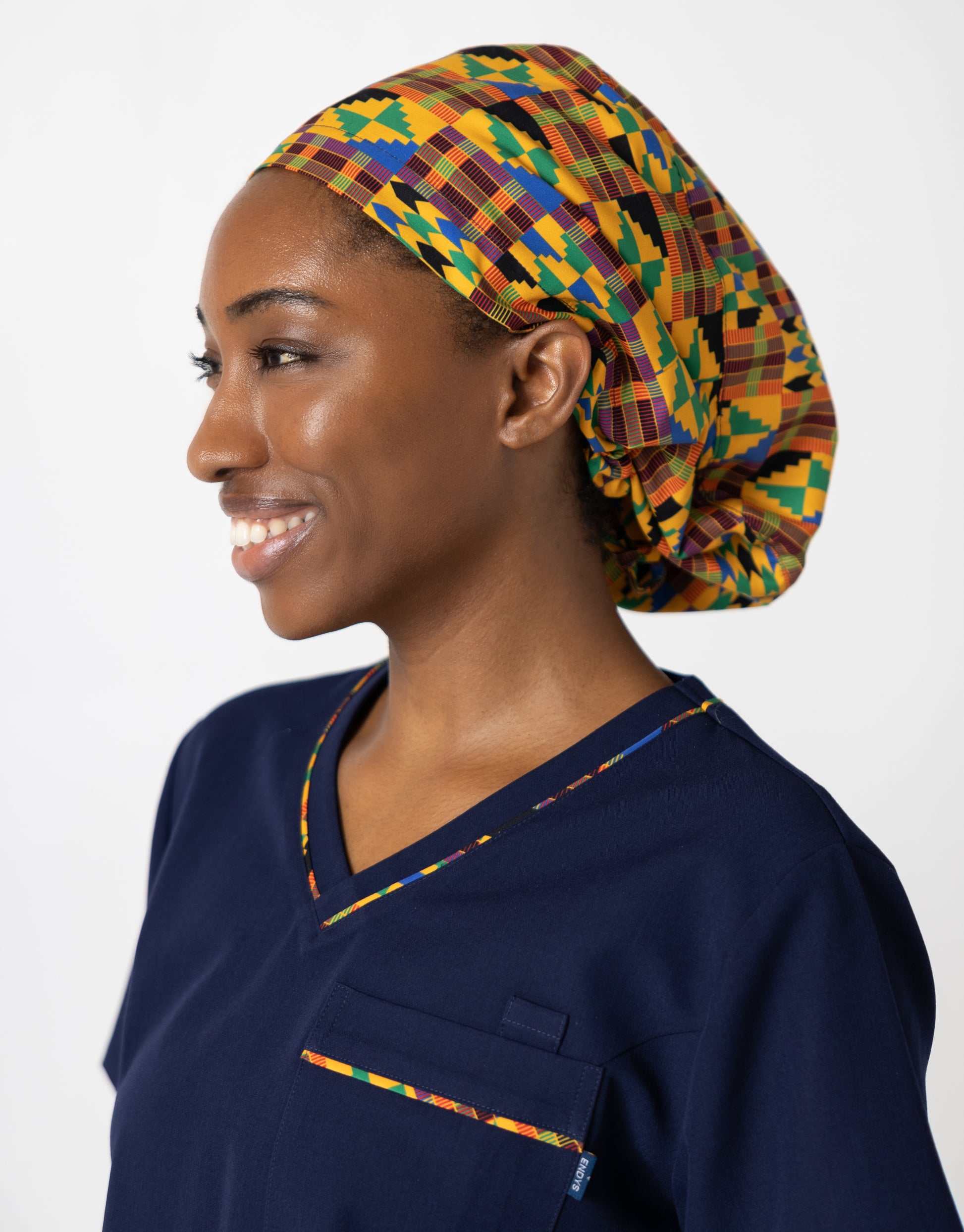 ENDYS Heritage Pop bouffant scrub cap side view — built-in sweatband, fade-resistant print for healthcare professionals