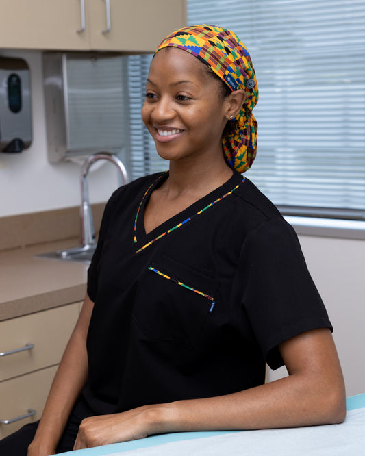 ENDYS Heritage Pop bouffant scrub cap — satin-lined, elastic band, extra room for all hair types, bold geometric print