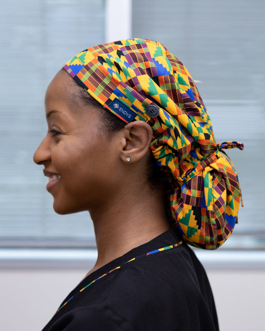 Image 2: ENDYS Heritage Pop bouffant scrub cap front view — accommodates locs, braids, and voluminous styles