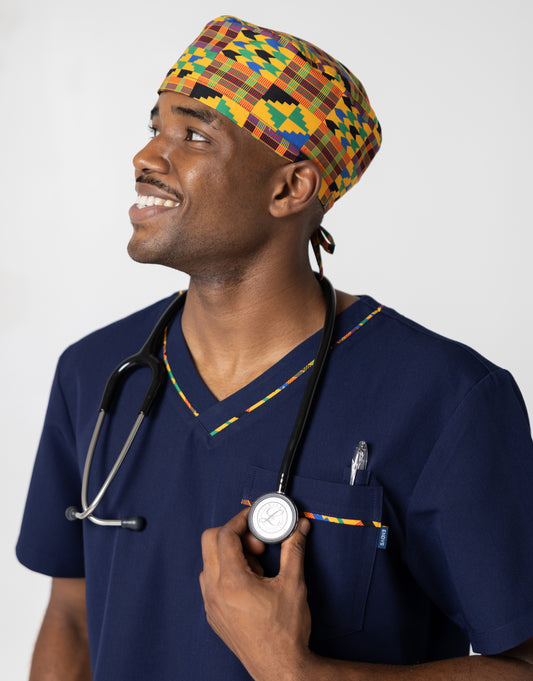 ENDYS Heritage Pop unisex scrub cap — satin-lined, built-in sweatband, adjustable tie-back, bold geometric print