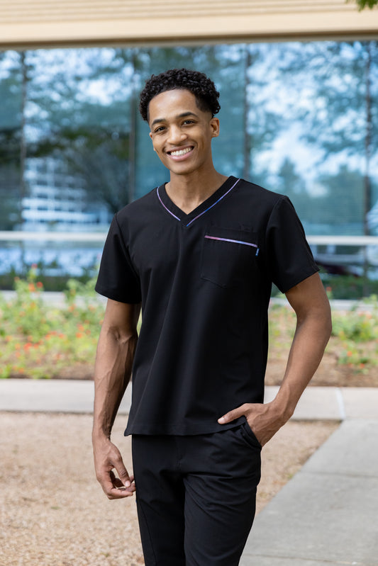 ENDYS Aurora men's scrub top — subtle watercolor print trim, classic V-neck, 4-way stretch medical scrub