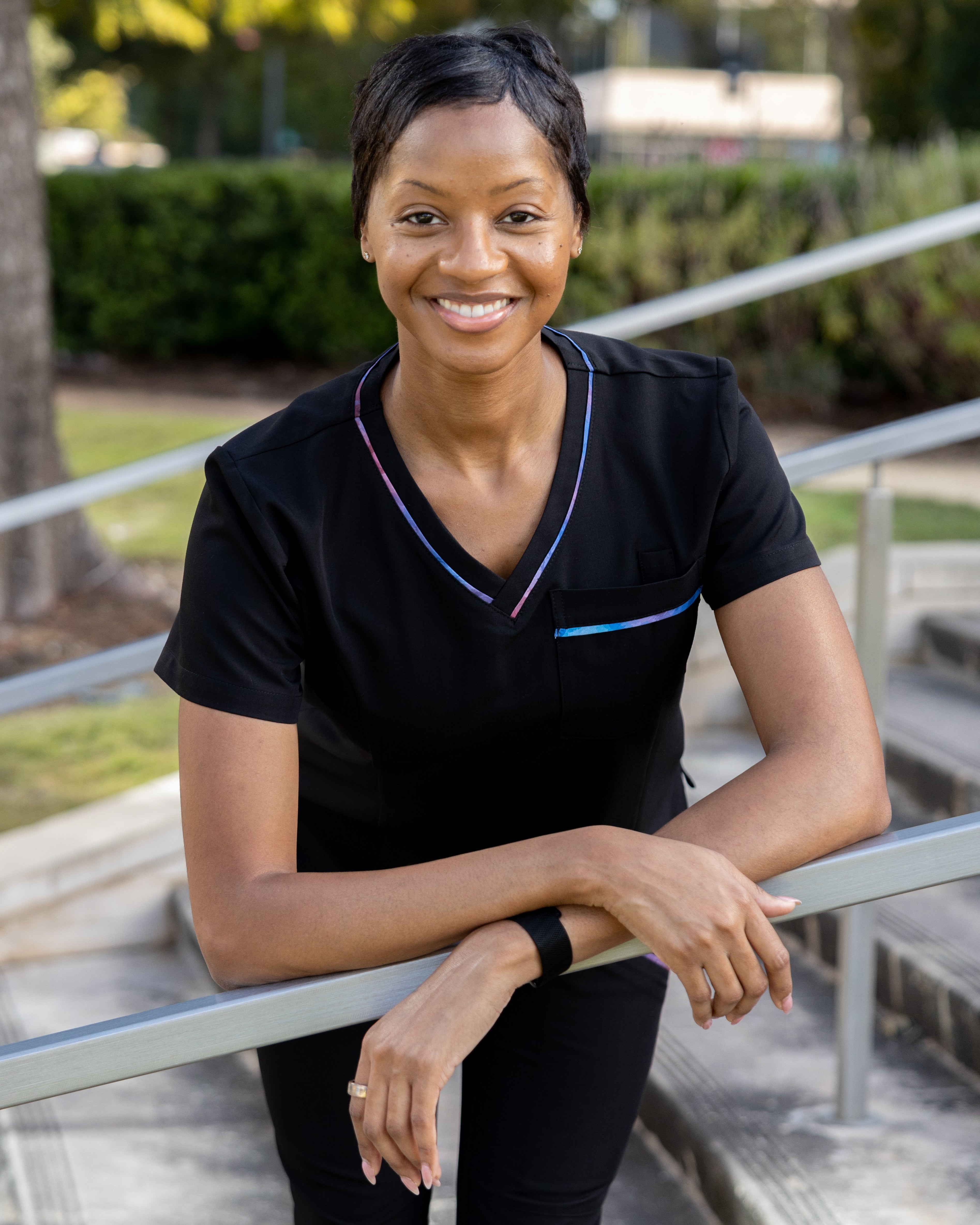 ENDYS Aurora women's scrub top — subtle watercolor print trim, V-neck, 4-way stretch medical scrub for healthcare professionals
