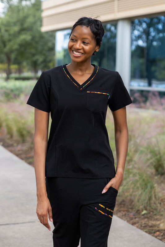 ENDYS Heritage Pop women's black scrub top — bold geometric print trim, V-neck, 4-way stretch medical scrub