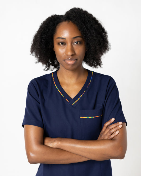 ENDYS Heritage Pop women's navy scrub top — bold geometric print trim, V-neck, 4-way stretch medical scrub for healthcare professionals