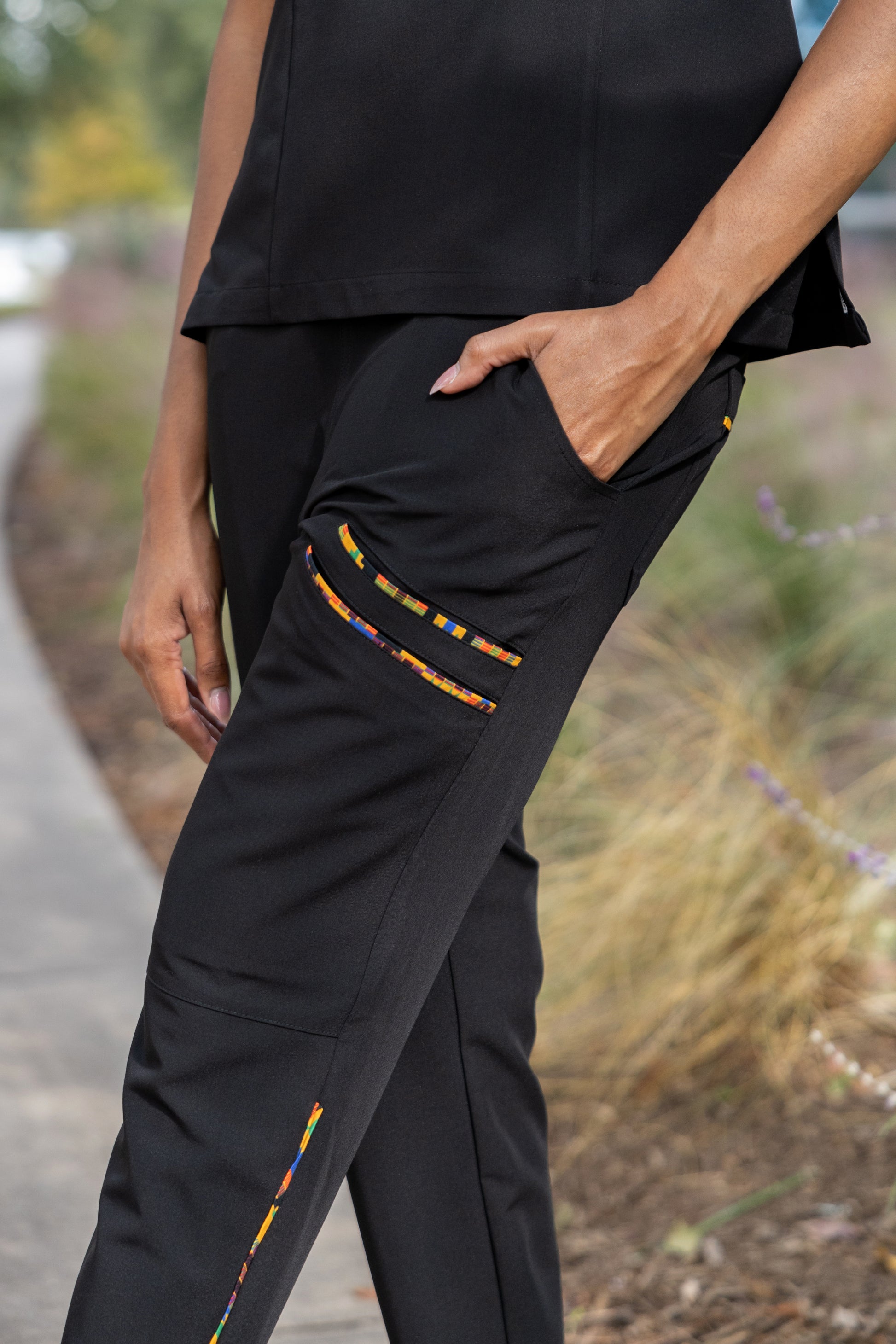 ENDYS Heritage Pop women's black scrub joggers front view — elastic waistband, deep side pockets, mid-rise fit