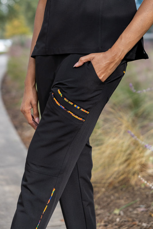 ENDYS Heritage Pop women's black scrub joggers front view — elastic waistband, deep side pockets, mid-rise fit