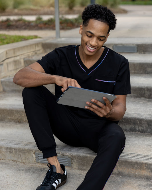 ENDYS Aurora men's scrub joggers side view — 4-way stretch, moisture-wicking medical scrub joggers