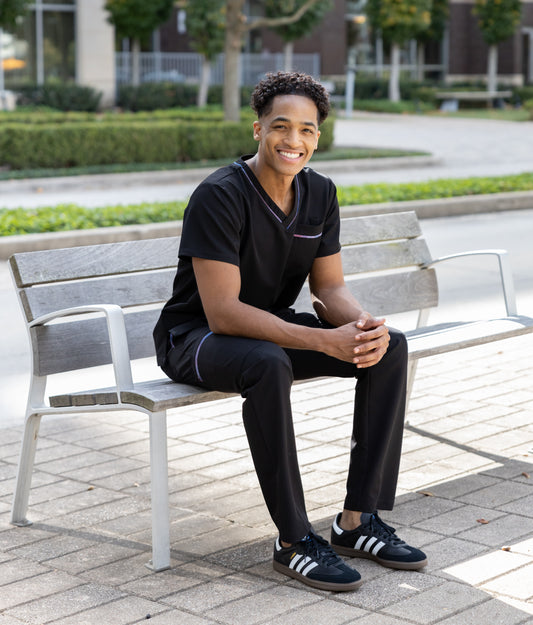 ENDYS Aurora men's scrub pants — straight leg, elastic waistband, subtle Aurora watercolor print trim