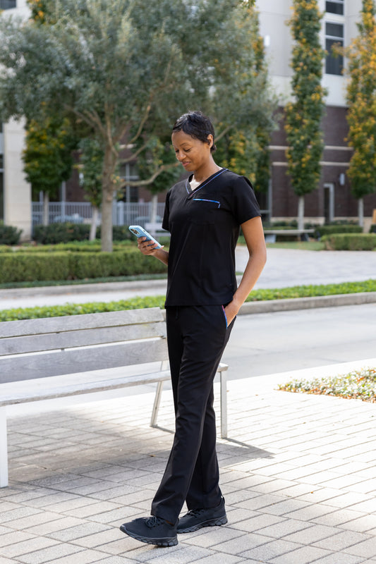 ENDYS Aurora women's scrub pants — straight leg, elastic waistband, subtle watercolor print trim for healthcare professionals
