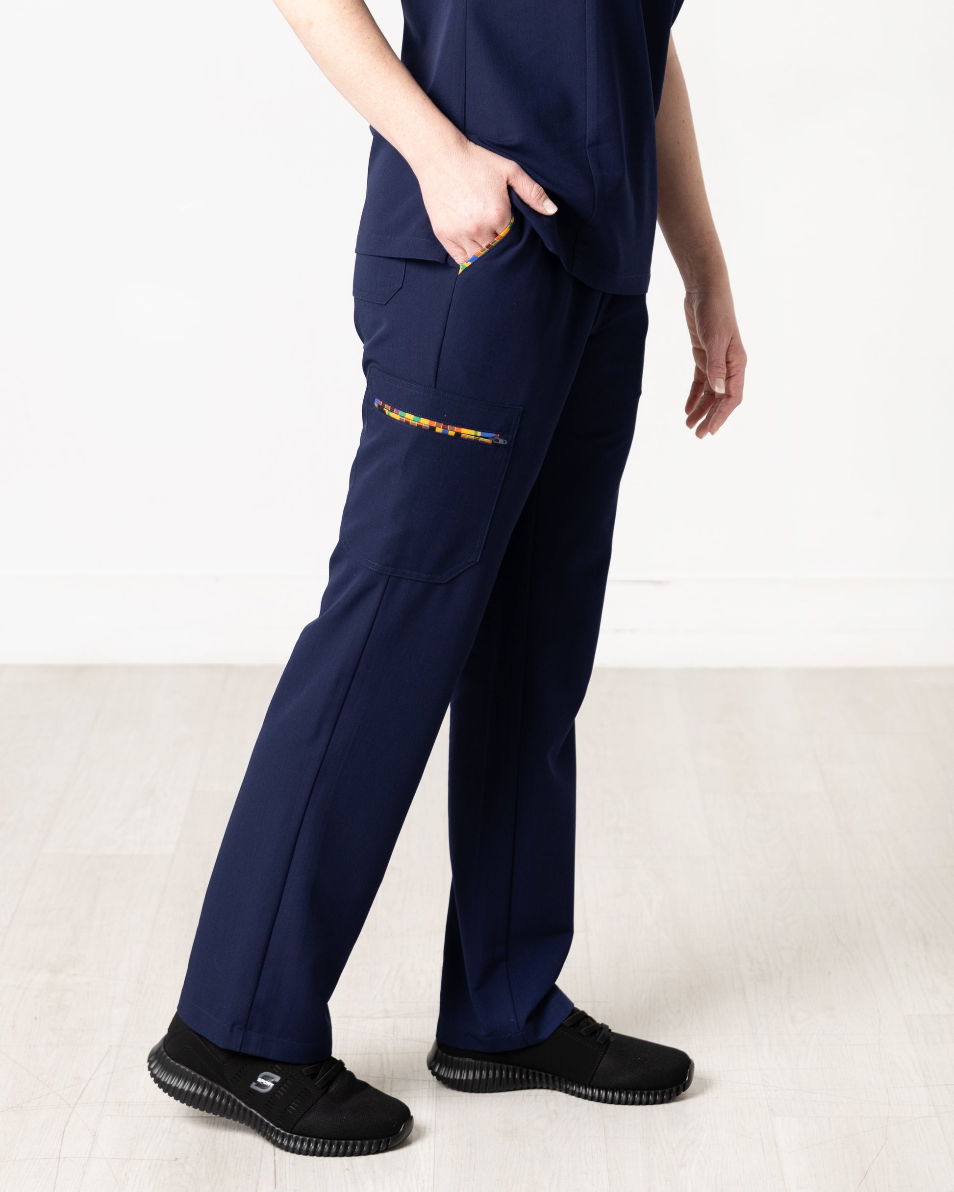 ENDYS Heritage Pop women's navy scrub pants back view — reinforced stitching, functional back pocket