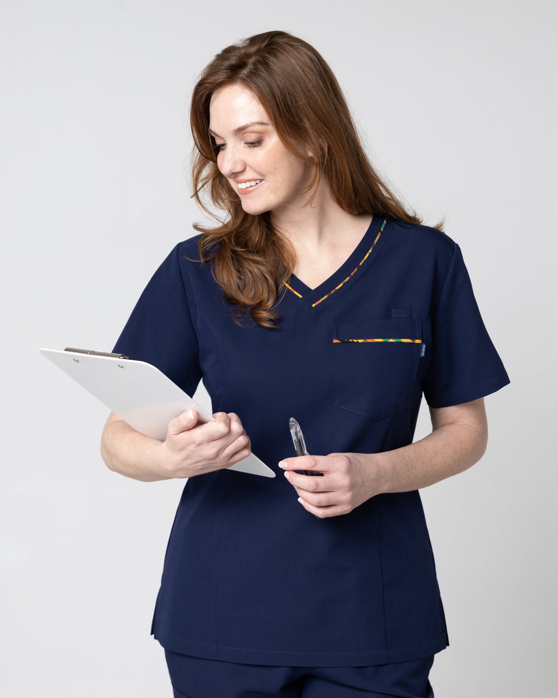 ENDYS Heritage Pop women's navy scrub set with pants full outfit — complete coordinated healthcare look