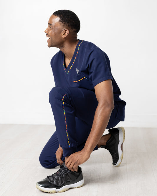 ENDYS Heritage Pop men's navy scrub joggers front view — elastic waistband, deep side pockets, cargo pocket