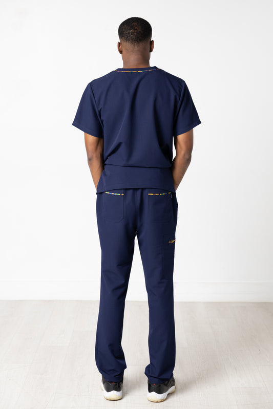 ENDYS Heritage Pop men's navy scrub pants front view — signature geometric print trim, deep side pockets