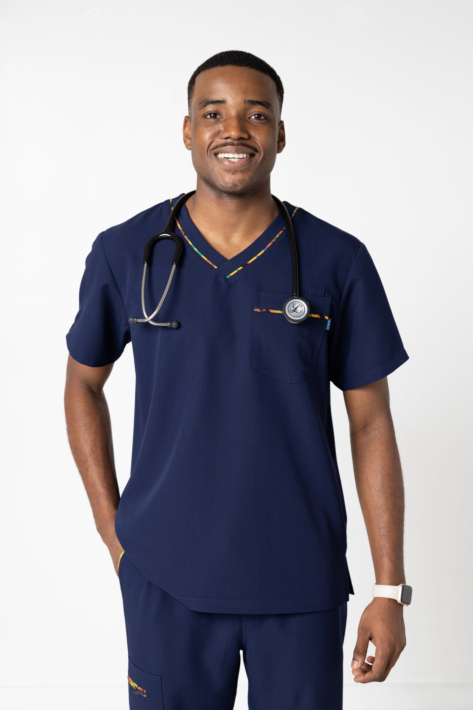 ENDYS Heritage Pop men's navy scrub top — bold geometric print trim, classic V-neck, 4-way stretch medical scrub