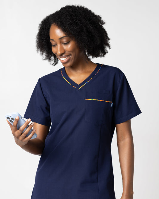 Ohemaa Women Scrub Top - Navy, Kente trimmed