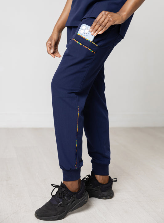 Ohemaa Women Scrub Joggers - Navy, Kente trimmed