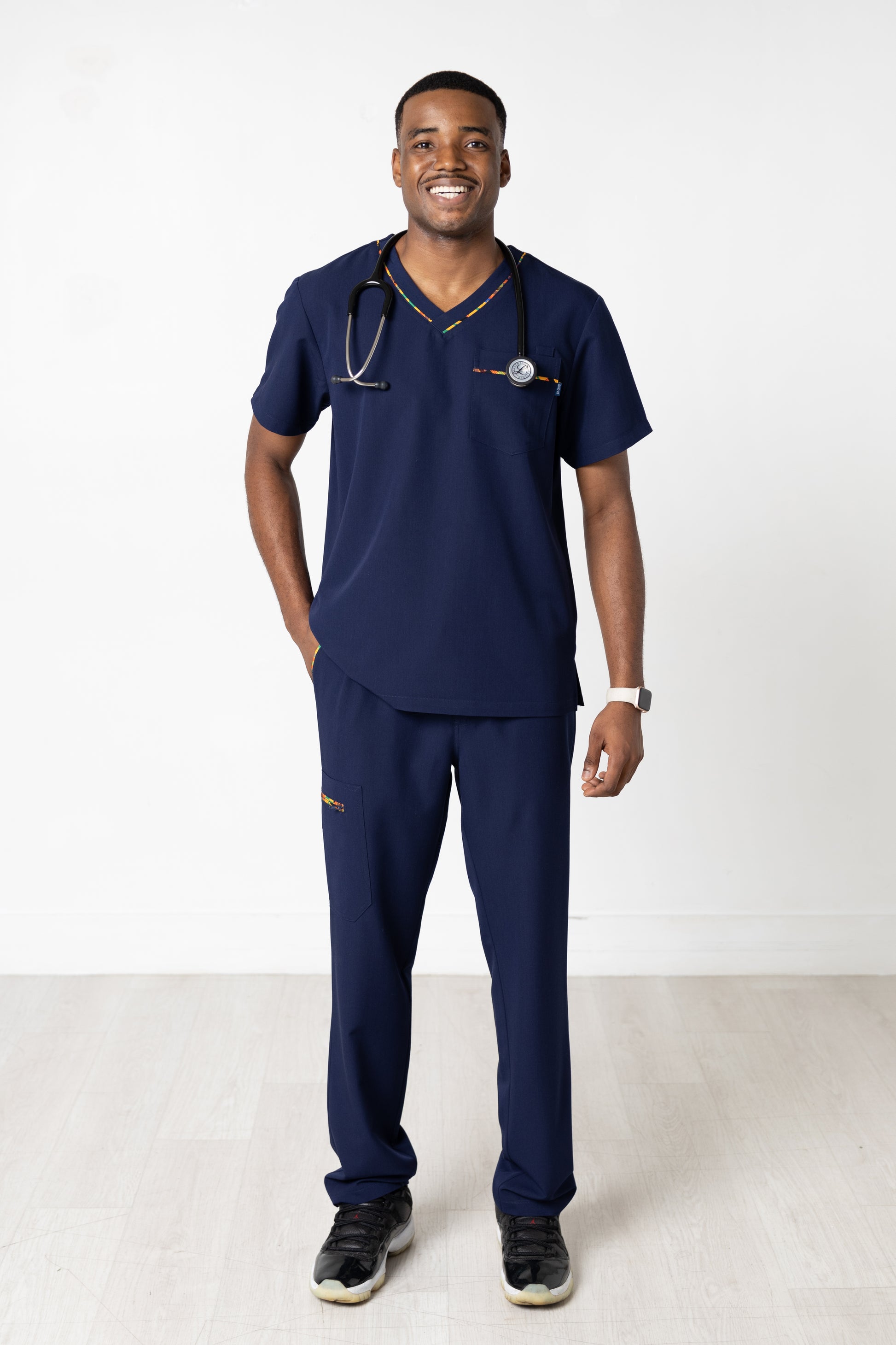 Ohene Men Scrub Pants - Navy, Kente trimmed