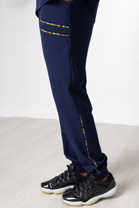 Ohene Men Scrub Jogger - Navy, Kente trimmed